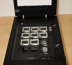 Escanear diapositivas enmarcadas de 35-mm con un escáner de base plana