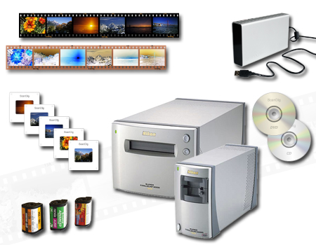 Our high-class Nikon film scanners digitize mounted slides, 35mm film strips and rolls, APS film rolls, medium formats, XPAN panorama formats etc.