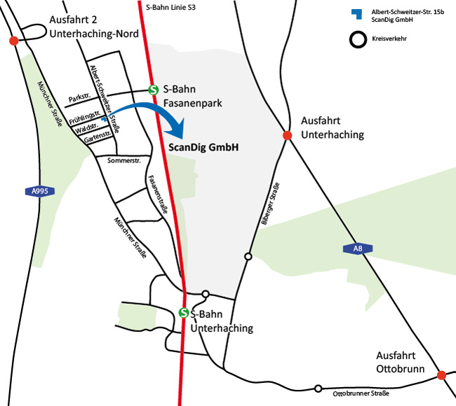 Detailed map Unterhaching: streets, train
